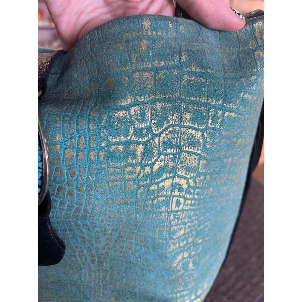 Teal Suede Handmade Leather Shoulder Bag Purse Turquoise Style Buckle GUE